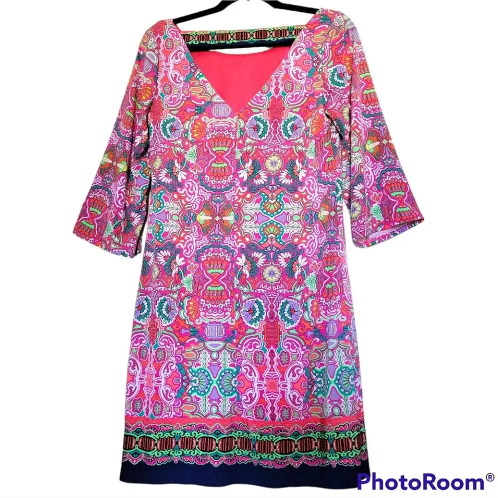 LAUNDRY by SHELLI SEGAL Multi-Color Vibrant Pattern Floral Pull On Dress *sz S*